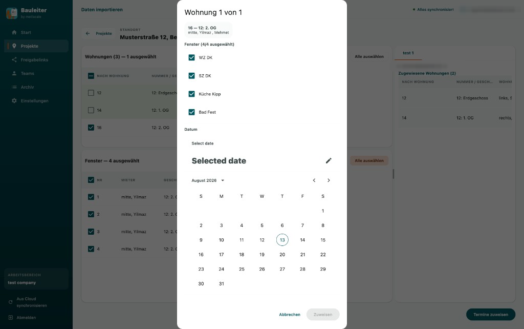 Bauleiter assign appointment dialog